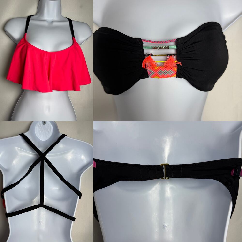 Victoria Secret bathing suit bikini tops lot of 2 size large pink strappy bandeu